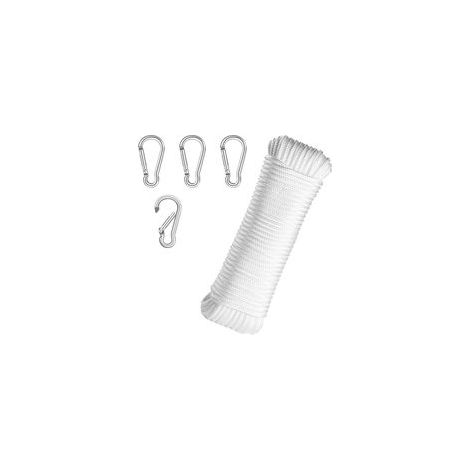 20M Corde pour Drapeau,Corde d'escalade,Corde en Nylon avec 4 Crochets en métal,Corde Balancoire Exterieur,pour mât de Drapeau, vêtements, Jardin, Camping (Blanc) (1/5)