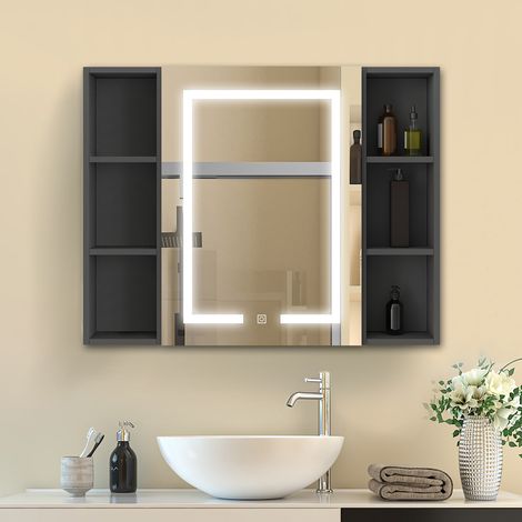 Spiegelschrank in Anthrazit Hängeschrank Wandschrank Badschrank Badezimmerschrank 80x70cm+2 Abnehmbares Ablagefach an der Seite (1/5)
