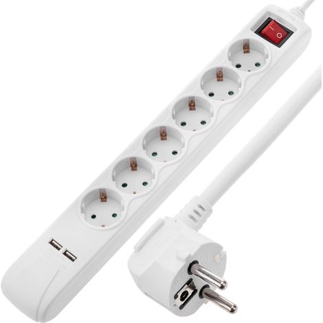 BeMatik - Multiprise 6 Schuko 250 V avec 2 ports USB Blanc avec Interrupteur (1/5)