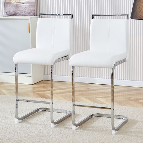 Lot de 2 tabourets de bar nordiques,simili cuir blanc,pieds métal argenté,H.96,5 cm,pour restaurants et cuisines.