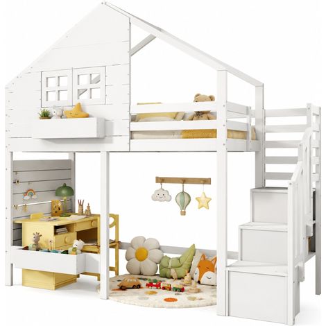 CHICFURN Letto soppalcato per bambini 90x200 cm, in legno bianco con contenitore, senza materasso (1/5)