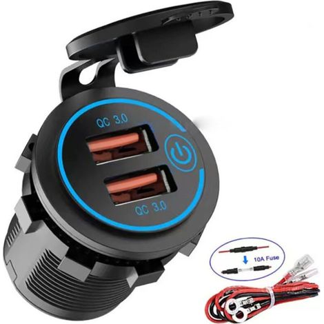 Quick Charge 3.0 Prise de Chargeur Rapide de Voiture USB Adaptateur avec Interrupteur 12V / 24V 36W Dual QC3.0 USB pour Marine, Bateau, Moto, Camion (Bleu1)