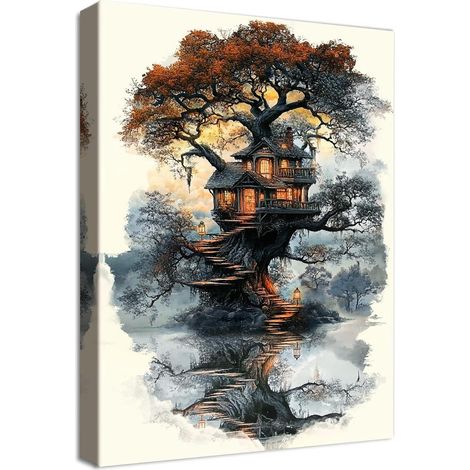 Leinwandbild Mystischer Wald 40L x 60B cm Mystischer Wald Baumhaus (1/5)