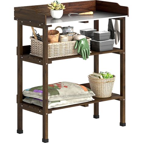 Table de jardinage en bois surface métallique étagères crochets 76x37x89 cm carbonisé (1/5)