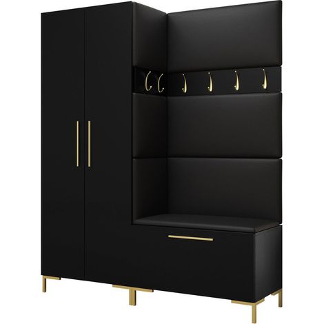 Meuble d'entrée Nomal I, Noir, 196x158x44cm, Stratifié, Faux cuir, Murale, À poser