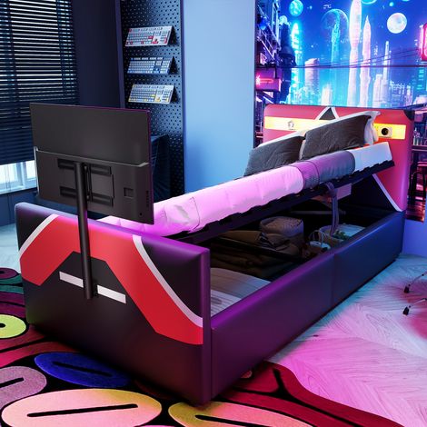 Letto imbottito in PU nero 90x200 cm con LED, contenitore idraulico e supporto TV integrato