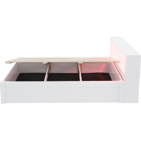 Cama individual 90 x 200 cm con almacenaje, USB/UE, LED y elevación hidráulica, blanca HOMVRA (1/5)