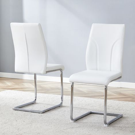 Chaises en matériau PU blanc, 2 ensembles. Pieds de chaise en métal argenté. Adapté pour bureaux, salles à manger, cuisines, salles de conférence et environnements similaires. (1/5)