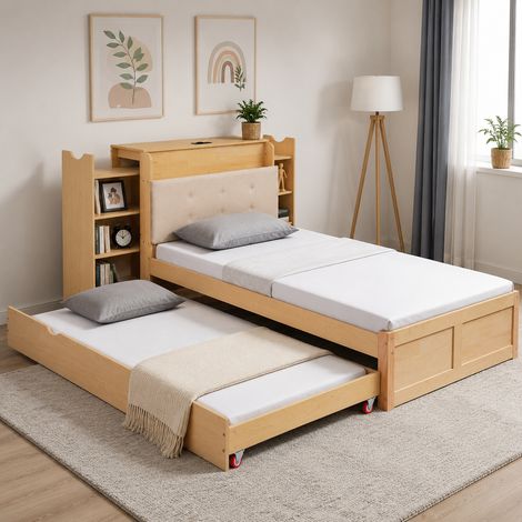 Lit 90x200 cm avec lit d'appoint escamotable, meuble multifonction bureau et couchage, tête de lit rembourrée, prise UE et port USB, rangement intégré pour enfant et adulte (1/5)