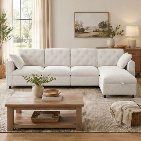 Ecksofa mit Schlaffunktion und Stauraum Beige Samt OKMYHOME (1/5)