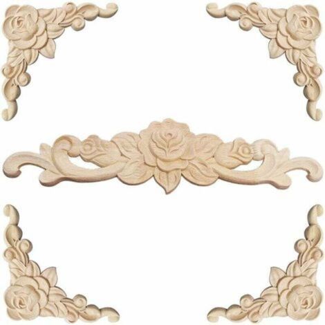 Moulure Decorative Bois 5 Pièces Sculpture Bois Moulure Décorative Bois Applique Moulure Rosace Decorative Floral Bois Sculpte Decal Sculpté d'angle Decoratif pour Décoration Meuble