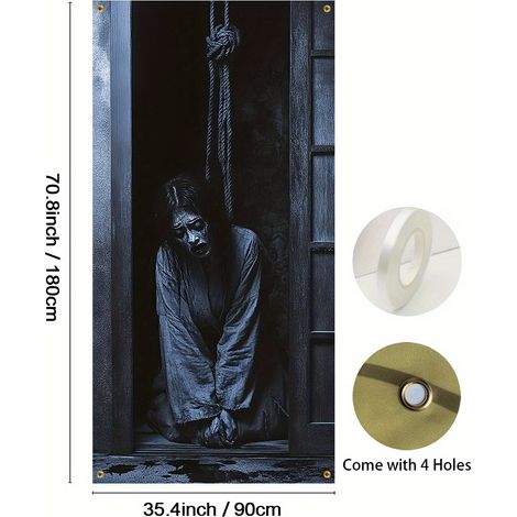 Décorations de porte sanglantes et effrayantes pour Halloween - Bannières et drapeaux d'extérieur pour porche - 90 x 180 cm (Perforatrice + ruban) - MG-19
