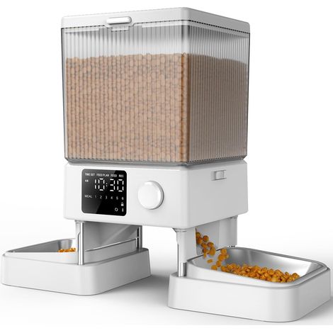 Distributeur Croquettes de 5L Chat Automatique 2 Bols blanc