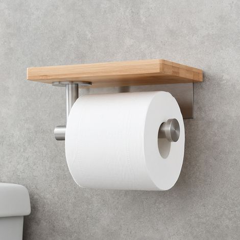 Toilettenpapierhalter mit Ablage aus natürlichem Bambus, Badezimmer-Toilettenpapierhalter ohne Bohren, Rollenhalter aus gebürstetem Nickel