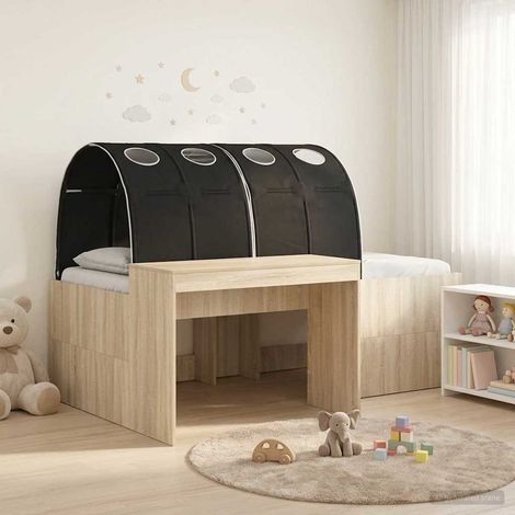 Lit enfant avec tunnel et bureau, bois d’ingénierie, chêne sonoma et noir, 3 pièces - PANGIVO (1/5)