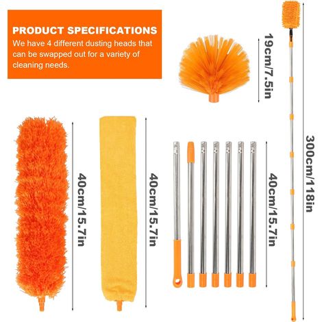 Plumeau télescopique de 3 m, kit de nettoyage pour plumeau avec tige d'extension télescopique, en microfibre pour nettoyer les ventilateurs de plafond (1/5)