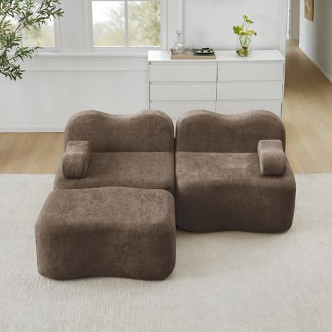 Canapé modulaire – Forme vague – Canapé droit 2 places en velours Marron– Repose-pieds amovibles – Assise profonde – Sans montage (1/5)