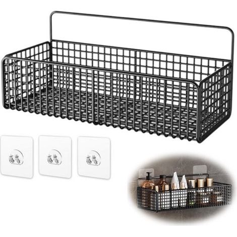 Panier de rangement en métal - Panier de rangement mural en métal - Noir - 26 x 15 x 14 cm - Étagère murale - Étagère de douche autocollante - Panier de cuisine - Panier mural en maille noire - Panier (1/5)