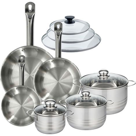 Set 3 poêles 20 24 28 cm en inox et 3 couvercles verre, 3 faitouts inox 16, 20 et 24 cm Fackelmann Eterna (1/5)
