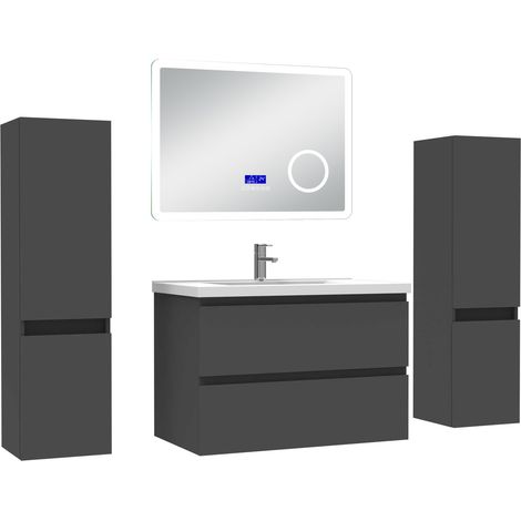 Ocean ensemble meuble 80 cm anthracite avec 2 tiroirs à fermeture automatique, lavabo céramique + miroir salle de bain Bluetooth tricolore + 2 colonnes, suspendu