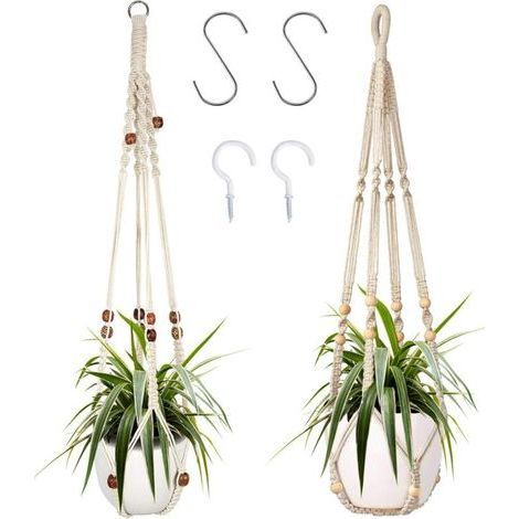 Lot de 2 Cintres à Plantes en Macramé pour Intérieur avec Perles en Bois et 4 Crochets – Paniers Suspendus Décoratifs pour Jardinières (1/5)