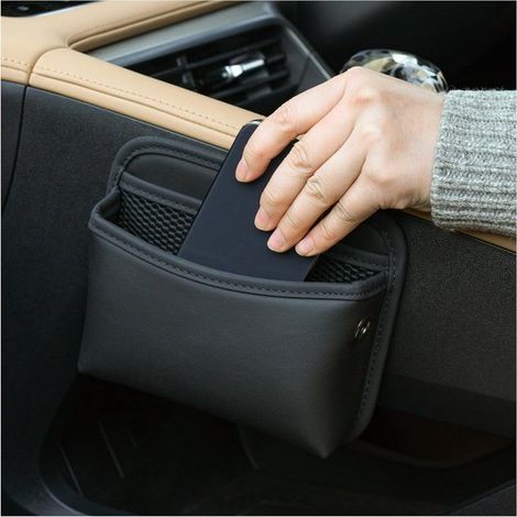 Organizador de bolsillo lateral para coche de piel sintética,Soporte y almacenamiento para teléfono móvil para puerta y consola del coche (Negro) (1/5)