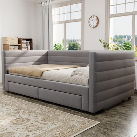 Canapé-lit convertible 3-en-1, banquette extensible 90x190 cm, lit modulable avec rangement, transformable en couchage simple ou double, sommier à lattes, tissu coton-lin, couleur gris (sans matelas) (1/5)
