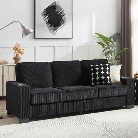 Canapé 3 places en velours côtelé noir avec porte-gobelets, 206 cm, pour salon, OKWISH (1/5)