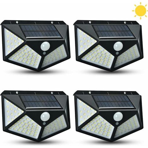 Lot de 4 lampes solaires d'extérieur, 100 LED avec détecteur de mouvement, éclairage solaire extérieur étanche à 270° et 3 modes, idéal pour jardin, terrasse ou garage. (1/5)