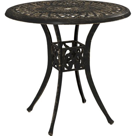 78 cm Round Garden Dining Table with Parasol Hole Antique Cast Aluminium Outdoor Table Only, Bronze Tone (1/5)