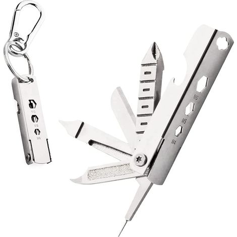 Keychain Multitool, Multi-Function Repair Tool, 11 In 1 Multi-Purpose Repair Tool, Keychain with Screwdriver, Nail file, Bottle Opener, Wrench, Ruler, Card Pin, Mobile Phone Holder (Silver) (1/5)