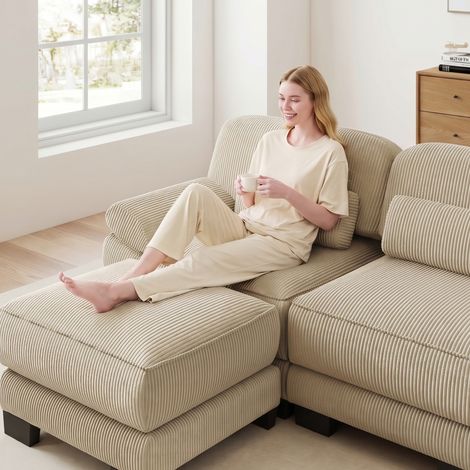 Divano modulare 2 posti con 2 pouf in velluto a coste beige, 194 x 161 x 94 cm, REDOM (1/5)