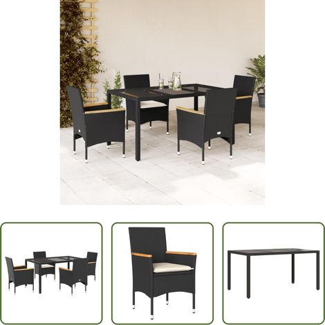 Gartenessgruppe -  5-tlg. Garten-Essgruppe mit Kissen Schwarz Poly Rattan und Glas (1/5)