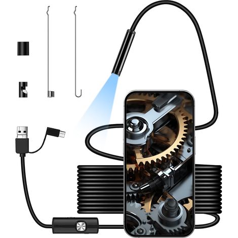 Camera Endoscopique HD avec 8 Lumières, 3 en 1 Endoscopique d'inspection IP67, Endoscope Industriel Caméra D'inspection Endoscopique Serpent pour Smartphone Android(5M)