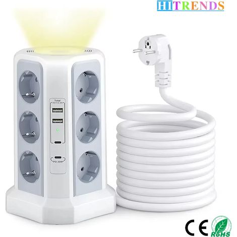 (Blanc) Multiprise tour à prise standard européenne, 12 prises secteur, 2 ports USB-A et 2 ports USB-C, avec veilleuse. (1/5)