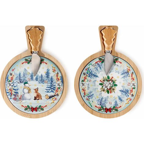 Set apéritif planche en bois et céramique à imprimé de Noël avec couteau à fromage, lot de 4