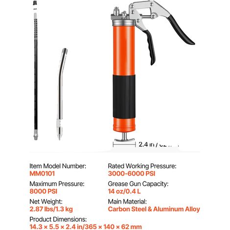 Pistola de engrase, presión máxima 8000 PSI, incluye manguera flexible y manguera rígida, sin acoplamiento. (1/2)