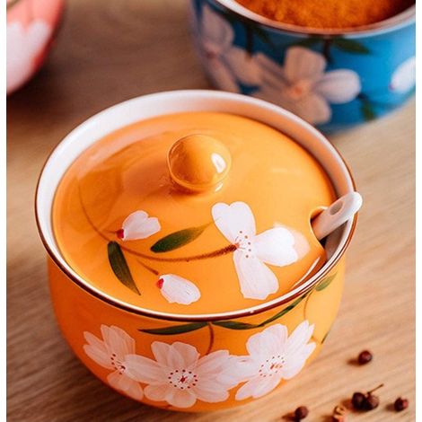 Pot à épices en céramique JeiibrZui - 300 ml - 1 pièce avec couvercle et cuillère - Motif floral rose pour la cuisine et la table à manger (1/4)