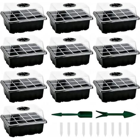 Mini serre pour semis - - Lot de 10 - 120 cellules - Outils de jardinage inclus - Noir