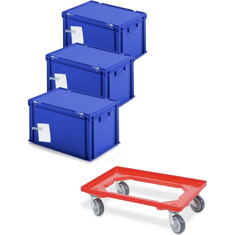 BRB 3x Ordner-Archivboxen für je 7 Ordner (A4, breiter Rücken), inkl. Transportroller (blau)