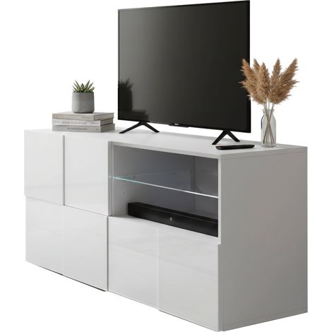 Dmora - Mobile porta TV Trasimeno, Credenza da soggiorno, Armadio basso per TV, Base parete attrezzata, Made in Italy, 122x43 h57 cm, Bianco lucido