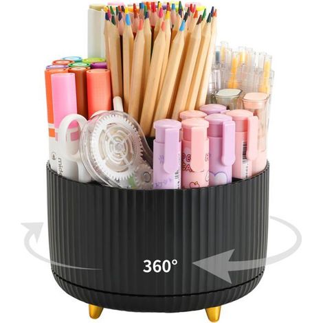 BelleRise - Pot à crayons rotatif à 360° – Design à 5 compartiments – Accessoires de bureau adorables Spacieux, élégant et résistant (Noir) (1/5)