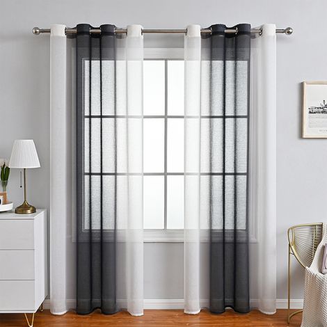 Rideaux Voilage à Rayures, Voilages Intérieurs avec Oeillets, Beaux Voile Rideau Voilage Fenetre Chambre, Lot de 2 Transparent Rideaux Salon - noir 132x241