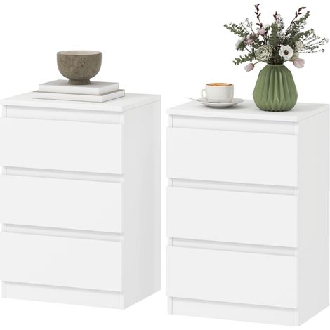 Lot de 2 tables de chevet blanches à 3 tiroirs, 40 x 30 x 59,5 cm, en MDF avec surface mélaminée, style moderne et rangement compact pour chambre CHICFURN (1/5)