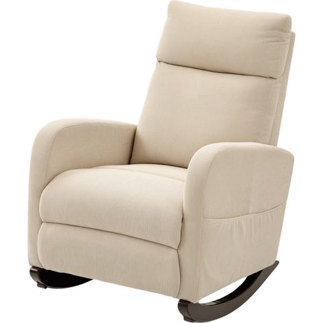 Fauteuil à bascule en tissu velours côtelé beige, avec accoudoirs et poches latérales, pour salon ou chambre (1/5)