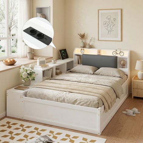 Letto contenitore idraulico 120x200 cm, letto in legno bianco con molla a gas, testata LED, scaffale di stoccaggio aperto, stazione di ricarica, schienale imbottito e direzione di apertura montabile a (1/5)