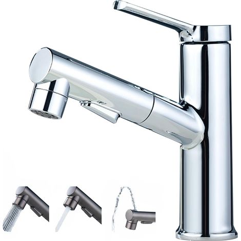 Bathroom waterfall faucet with 3-function hand shower, single-handle mixer tap, silver (1/5)