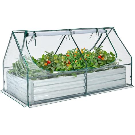COSTWAY 2in1 Hochbeet mit Gewächshaus, Metall Pflanzkasten, PVC-Folie, Blumenbeet mit Zwei Fenstern, Rechteckiges Frühbeet für Blumen, Kräuter im Garten, Terrasse und Balkon, 180x90x91cm, Silber (1/5)