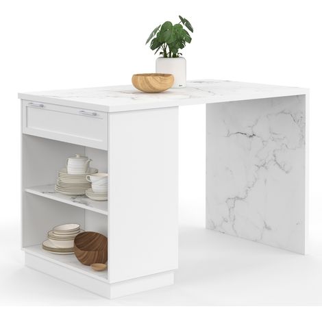 Idmarket – Îlot central mange-debout 4 personnes – Longueur 130 cm – Largeur 80 cm – Hauteur 90,5 cm – Plateau marbre blanc – Rangement intégré