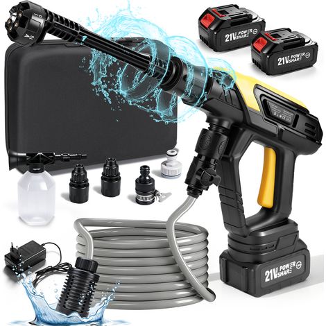 Nettoyeur Haute Pression électrique sans fil Max 45 Bar, 360 L/h 300 W avec 2 Batteries 4000mAh, Pulvérisateur de Mousse 6-en-1 Buse, Tuyau de 5 m pour Le Nettoyage et Arrosage, Voiture, Jardins